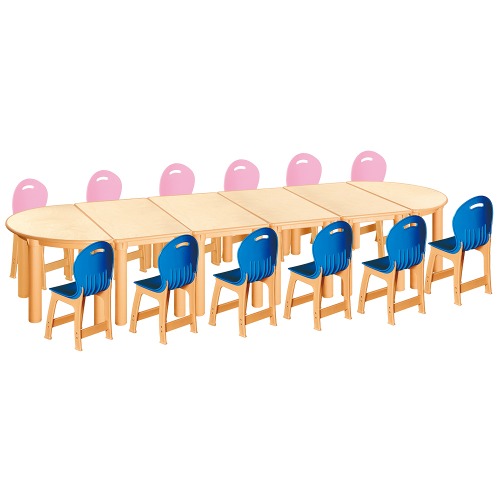 안전 자작합판 반달 6조각 12인 책상의자세트(분홍+파랑 파스텔의자)