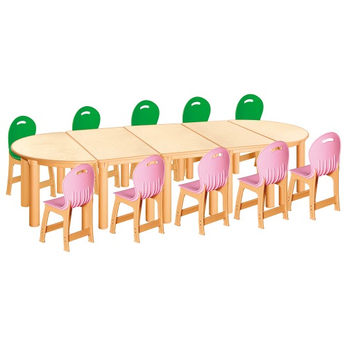 안전 자작합판 반달 5조각 10인 책상의자세트(초록+분홍 파스텔의자)