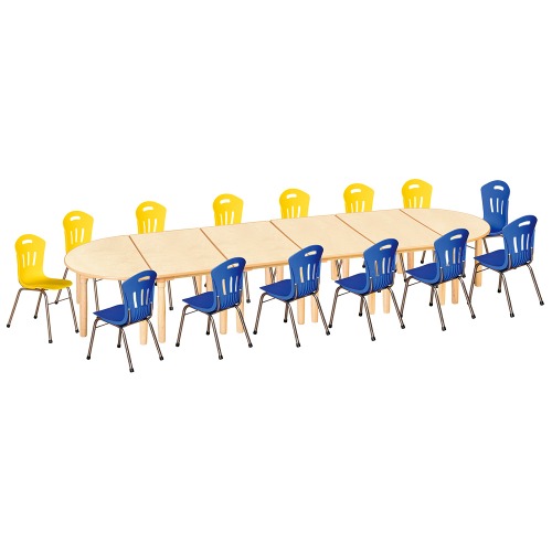 안전 자작합판 대형 반달 6조각 14인 책상의자세트(노랑+파랑 수강의자)