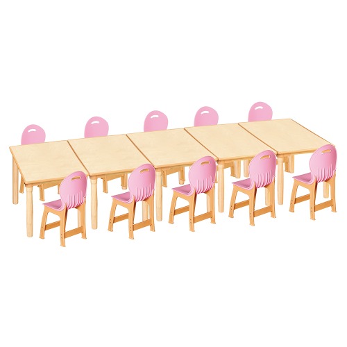 안전 자작합판 대형 사각 5조각 10인 책상의자세트(분홍 파스텔의자)