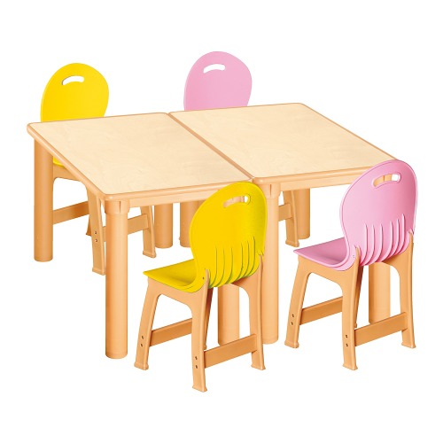 안전 자작합판 사각 2조각 4인 책상의자세트(노랑+분홍 파스텔의자)