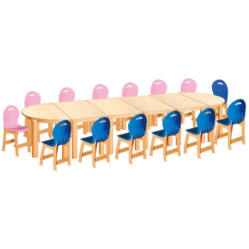 안전 자작합판 반달 6조각 14인 책상의자세트(분홍+파랑 파스텔의자)