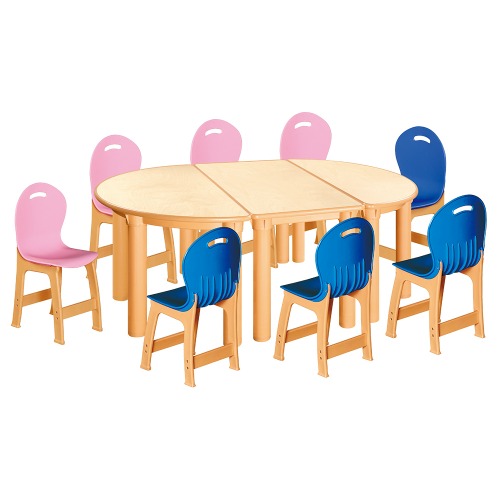 안전 자작합판 반달 3조각 8인 책상의자세트(분홍+파랑 파스텔의자)