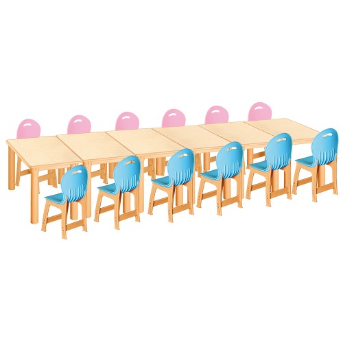 안전 자작합판 사각 6조각 12인 책상의자세트(분홍+하늘 파스텔의자)