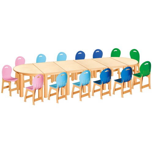 안전 자작합판 반달 6조각 14인 책상의자세트(분홍+하늘+파랑+초록 파스텔의자)