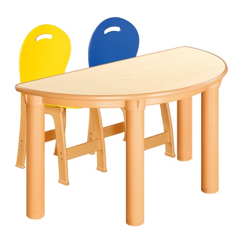 안전 자작합판 반달 1조각 2인 책상의자세트(노랑+파랑 파스텔의자)