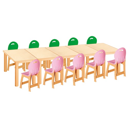 안전 자작합판 사각 5조각 10인 책상의자세트(초록+분홍 파스텔의자)