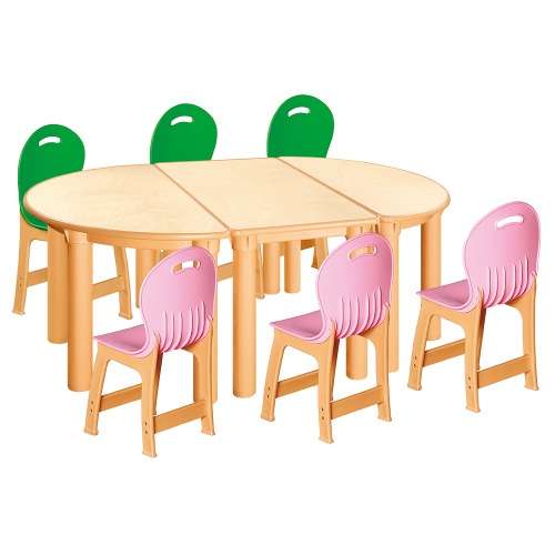 안전 자작합판 반달 3조각 6인 책상의자세트(초록+분홍 파스텔의자)