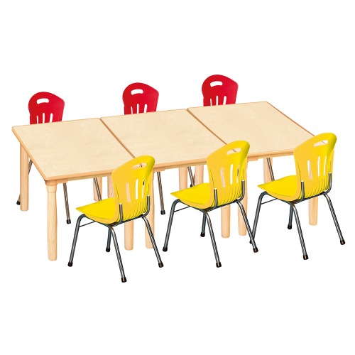 안전 자작합판 대형 사각 3조각 6인 책상의자세트(빨강+노랑 수강의자)