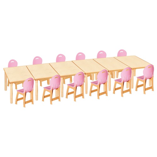 안전 자작합판 대형 사각 6조각 12인 책상의자세트(분홍 파스텔의자)