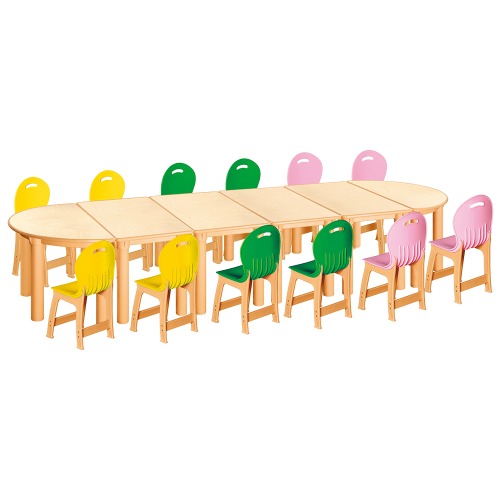 안전 자작합판 반달 6조각 12인 책상의자세트(노랑+초록+분홍 파스텔의자)