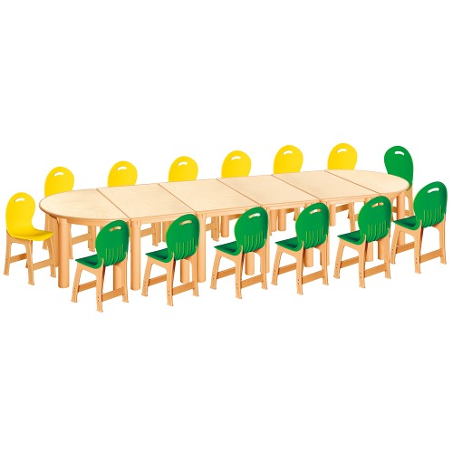 안전 자작합판 반달 6조각 14인 책상의자세트(노랑+초록 파스텔의자)