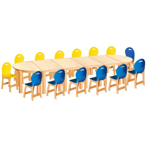안전 자작합판 반달 6조각 14인 책상의자세트(노랑+파랑 파스텔의자)