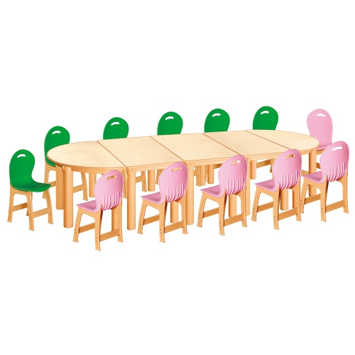 안전 자작합판 반달 5조각 12인 책상의자세트(초록+분홍 파스텔의자)