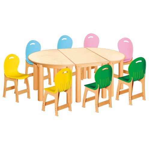 안전 자작합판 반달 3조각 8인 책상의자세트(노랑+초록+분홍+하늘 파스텔의자)