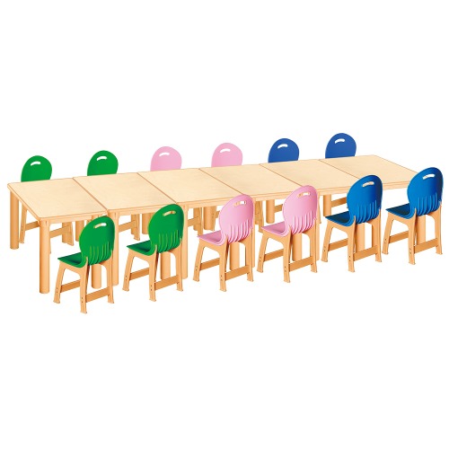 안전 자작합판 사각 6조각 12인 책상의자세트(초록+분홍+파랑 파스텔의자)