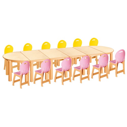 안전 자작합판 반달 6조각 12인 책상의자세트(노랑+분홍 파스텔의자)