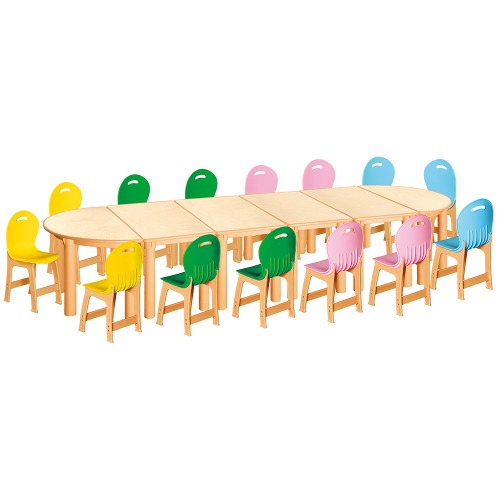안전 자작합판 반달 6조각 14인 책상의자세트(노랑+초록+분홍+하늘 파스텔의자)
