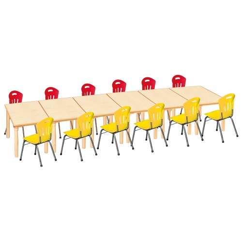 안전 자작합판 대형 사각 6조각 12인 책상의자세트(빨강+노랑 수강의자)