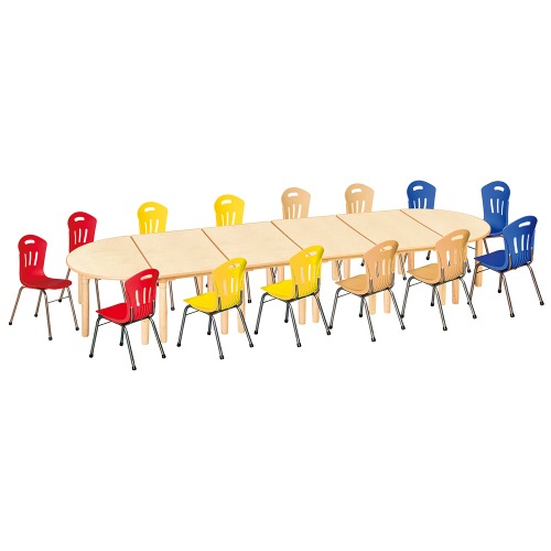 안전 자작합판 대형 반달 6조각 14인 책상의자세트(빨강3+노랑4+파랑4+비취3 수강의자)