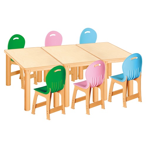 안전 자작합판 사각 3조각 6인 책상의자세트(초록+분홍+하늘 파스텔의자)
