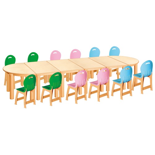 안전 자작합판 반달 6조각 12인 책상의자세트(초록+분홍+하늘 파스텔의자)