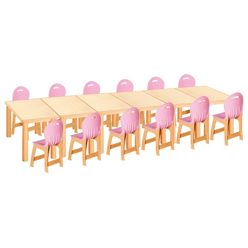 안전 자작합판 사각 6조각 12인 책상의자세트(분홍 파스텔의자)
