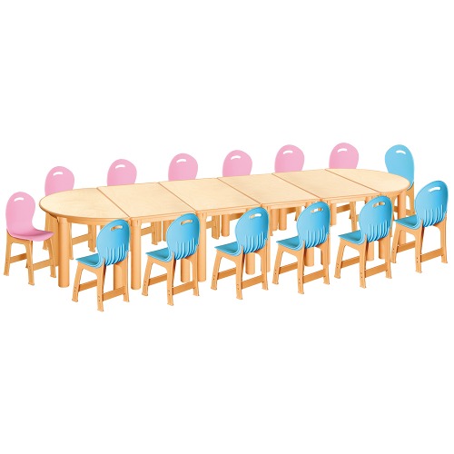 안전 자작합판 반달 6조각 14인 책상의자세트(분홍+하늘 파스텔의자)