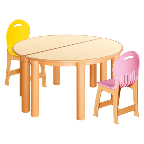안전 자작합판 반달 2조각 2인 책상의자세트(노랑+분홍 파스텔의자)