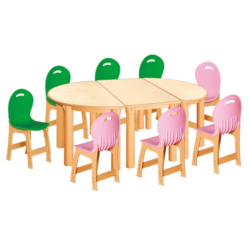 안전 자작합판 반달 3조각 8인 책상의자세트(초록+분홍 파스텔의자)