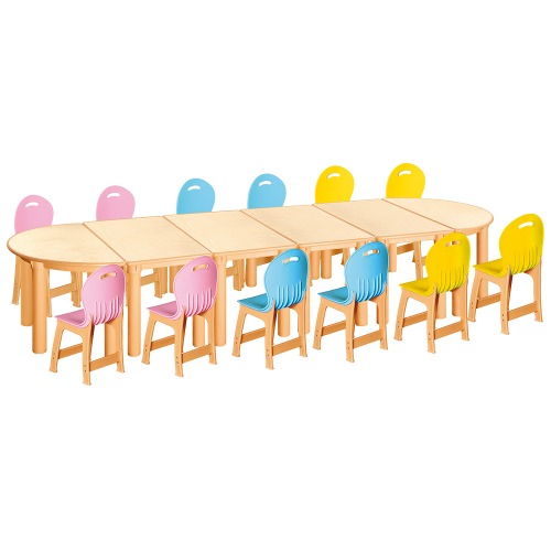 안전 자작합판 반달 6조각 12인 책상의자세트(분홍+하늘+노랑 파스텔의자)