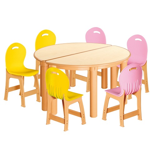 안전 자작합판 반달 2조각 6인 책상의자세트(노랑+분홍 파스텔의자)
