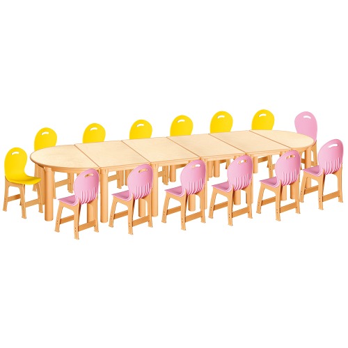 안전 자작합판 반달 6조각 14인 책상의자세트(노랑+분홍 파스텔의자)
