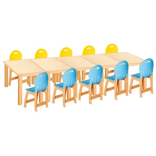 안전 자작합판 사각 5조각 10인 책상의자세트(노랑+하늘 파스텔의자)