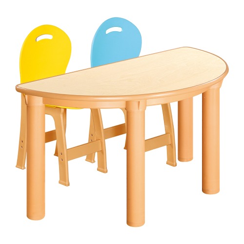 안전 자작합판 반달 1조각 2인 책상의자세트(노랑+하늘 파스텔의자)