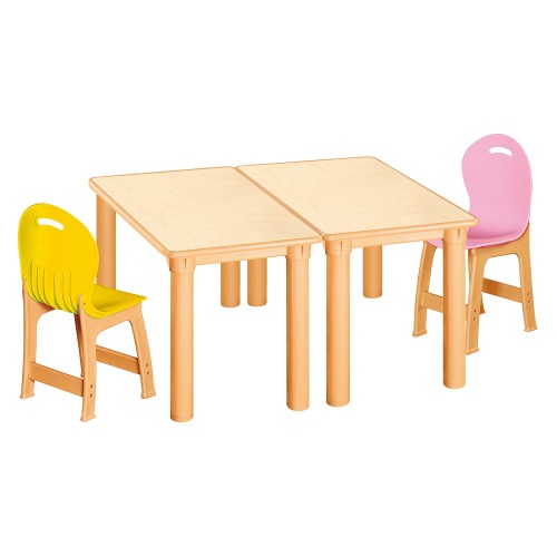안전 자작합판 사각 2조각 2인 책상의자세트(노랑+분홍 파스텔의자)