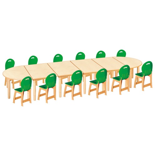 안전 자작합판 대형 반달 6조각 12인 책상의자세트(초록 파스텔의자)