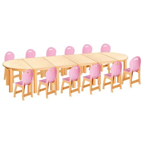 안전 자작합판 반달 6조각 12인 책상의자세트(분홍 파스텔의자)
