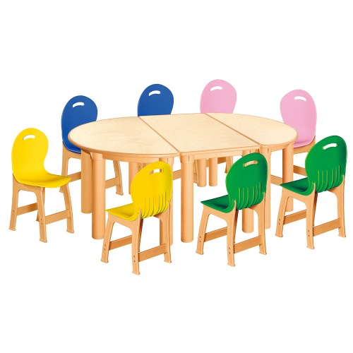 안전 자작합판 반달 3조각 8인 책상의자세트(노랑+초록+분홍+파랑 파스텔의자)