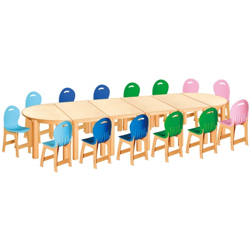 안전 자작합판 반달 6조각 14인 책상의자세트(하늘+파랑+초록+분홍 파스텔의자)