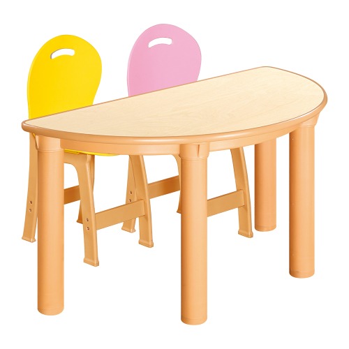 안전 자작합판 반달 1조각 2인 책상의자세트(노랑+분홍 파스텔의자)