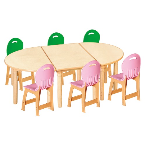 안전 자작합판 대형 반달 3조각 6인 책상의자세트(초록+분홍 파스텔의자)