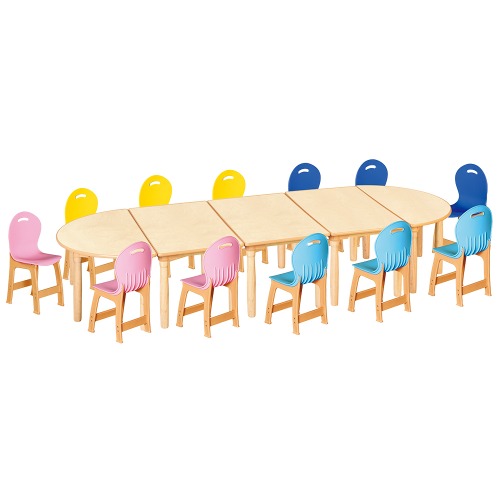 안전 자작합판 대형 반달 5조각 12인 책상의자세트(분홍+하늘+파랑+노랑 파스텔의자)