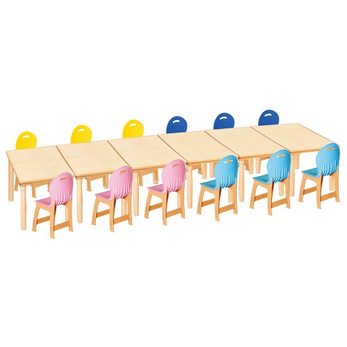 안전 자작합판 대형 사각 6조각 12인 책상의자세트(분홍+하늘+파랑+노랑 파스텔의자)