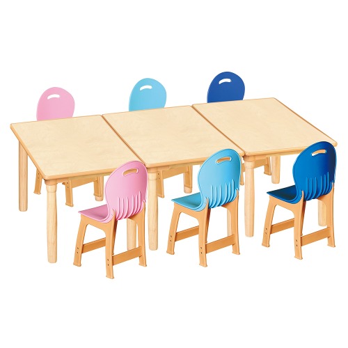 안전 자작합판 대형 사각 3조각 6인 책상의자세트(분홍+하늘+파랑 파스텔의자)
