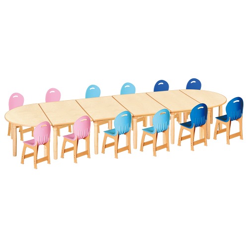 안전 자작합판 대형 반달 6조각 12인 책상의자세트(분홍+하늘+파랑 파스텔의자)