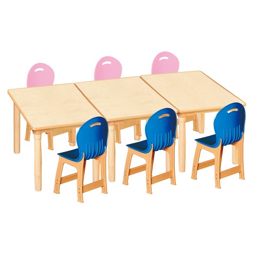 안전 자작합판 대형 사각 3조각 6인 책상의자세트(분홍+파랑 파스텔의자)