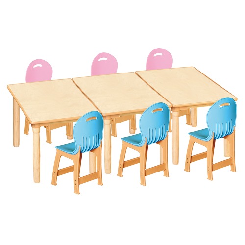 안전 자작합판 대형 사각 3조각 6인 책상의자세트(분홍+하늘 파스텔의자)