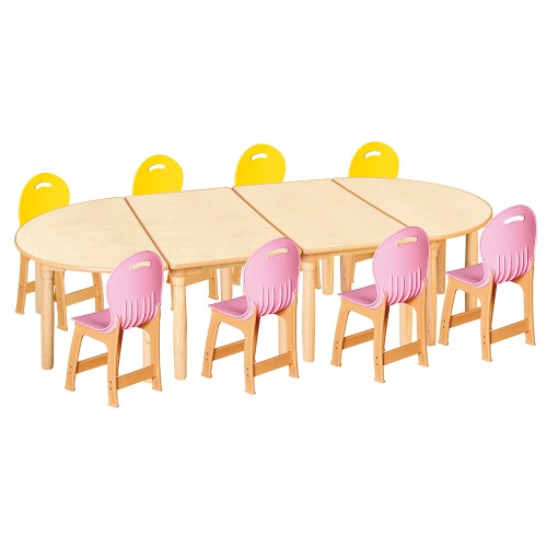 안전 자작합판 대형 반달 4조각 8인 책상의자세트(노랑+분홍 파스텔의자)