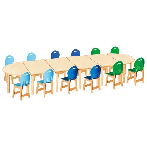 안전 자작합판 대형 반달 6조각 12인 책상의자세트(하늘+파랑+초록 파스텔의자)